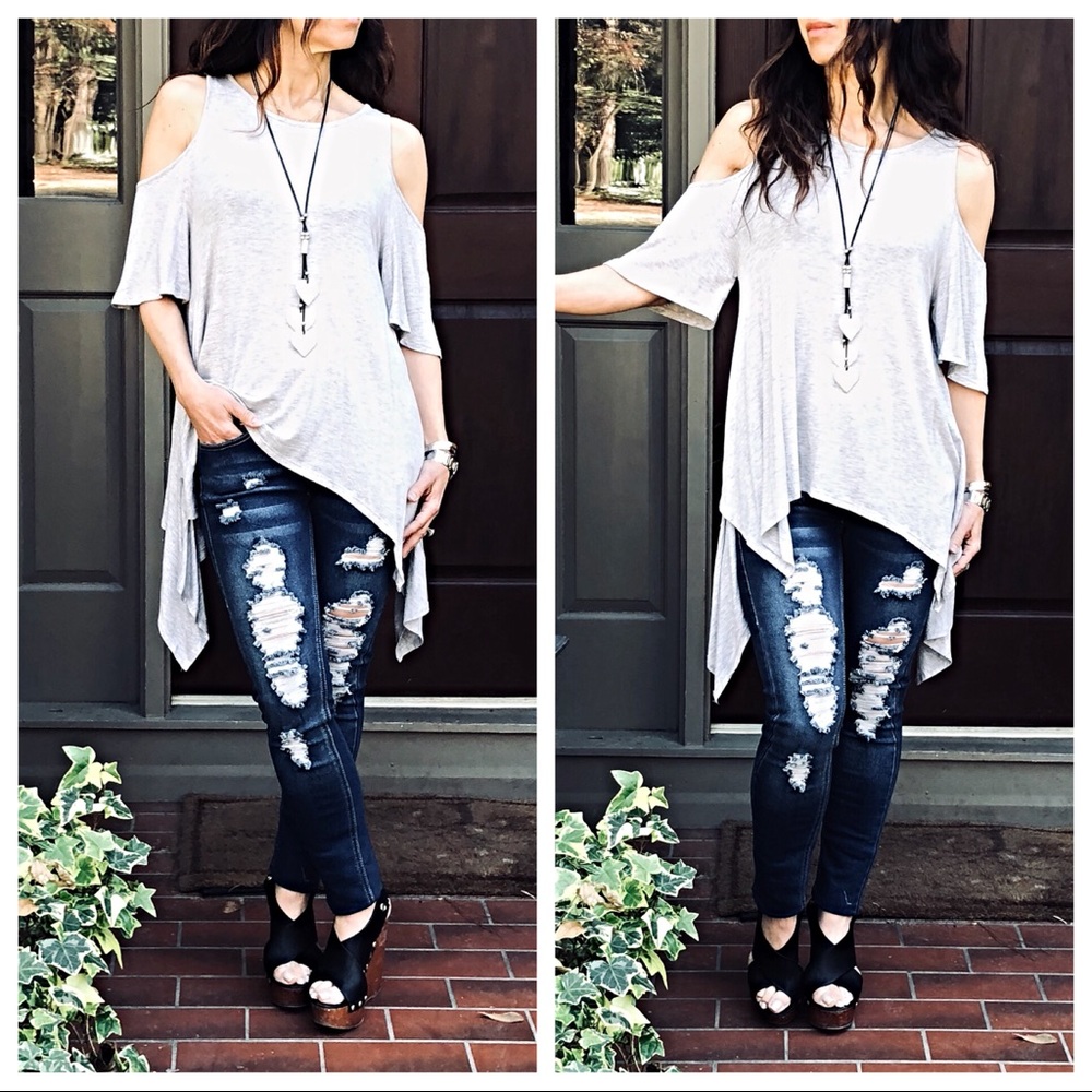 Heather grey asymmetrical cold shoulder tunic - Picture 2 of 8
